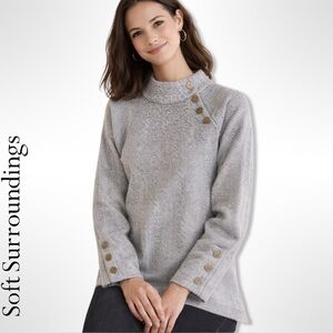 Soft Surroundings Gray Herringbone Button Detail Knit Top XL Petite